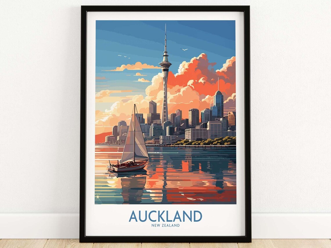 Auckland New Zealand Sky Tower Sunset Harbor Sailboat Poster