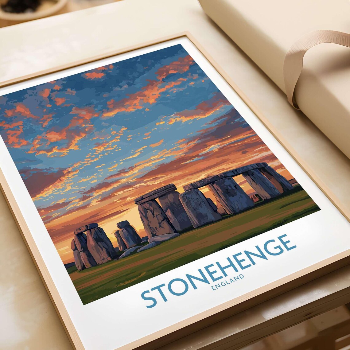 Stonehenge England Dramatic Fiery Sunset Orange Sky Travel Poster