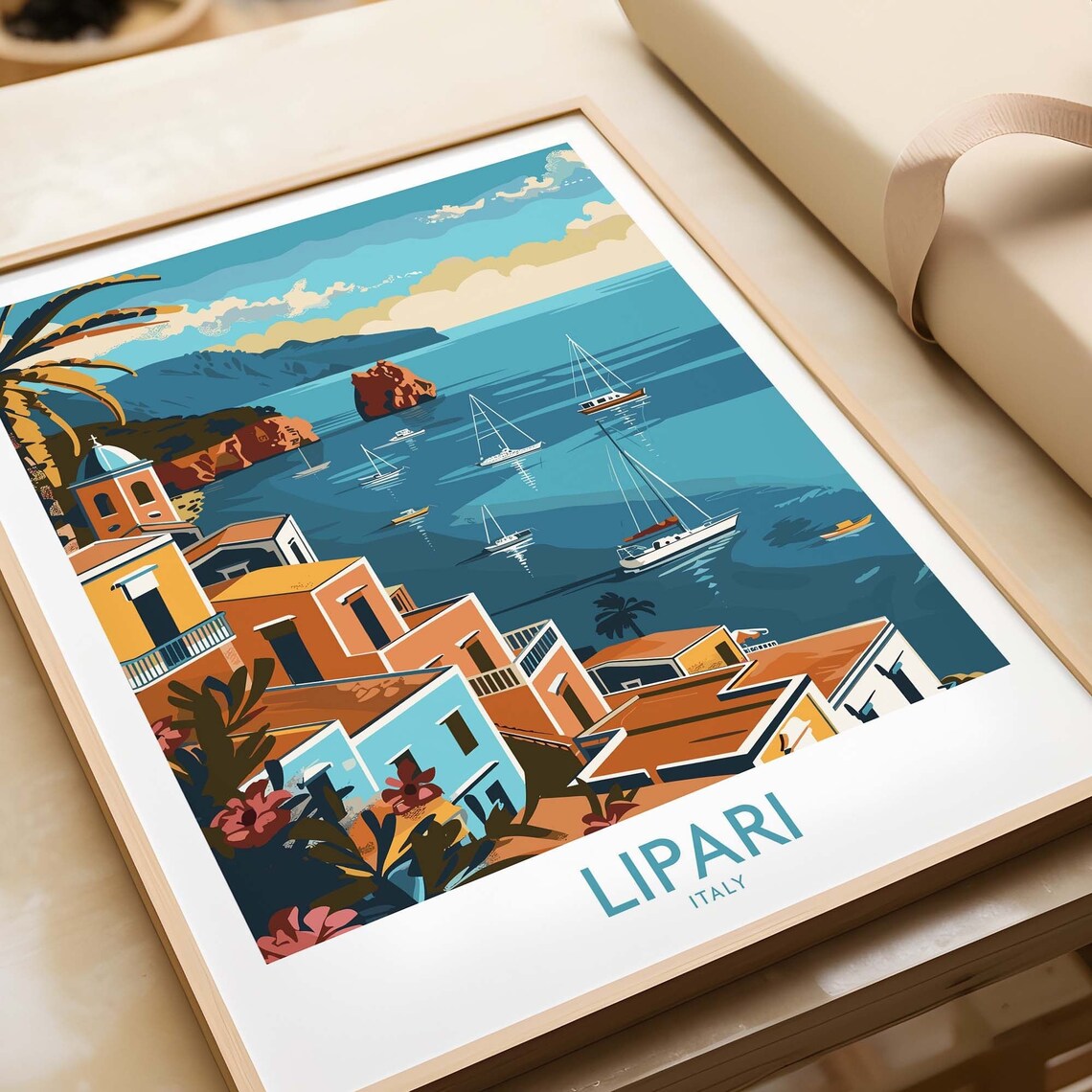 Lipari Italy Hillside Town Overlooking Sailboat Bay Vista Poster