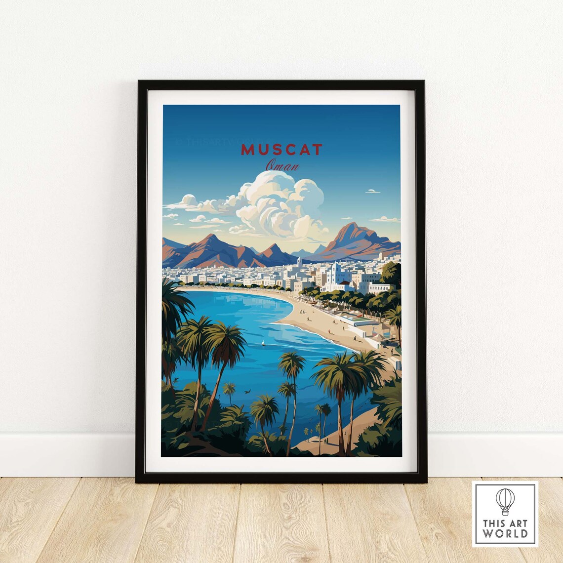 Muscat Oman Corniche Beach Palms Mountain Coast Travel Poster