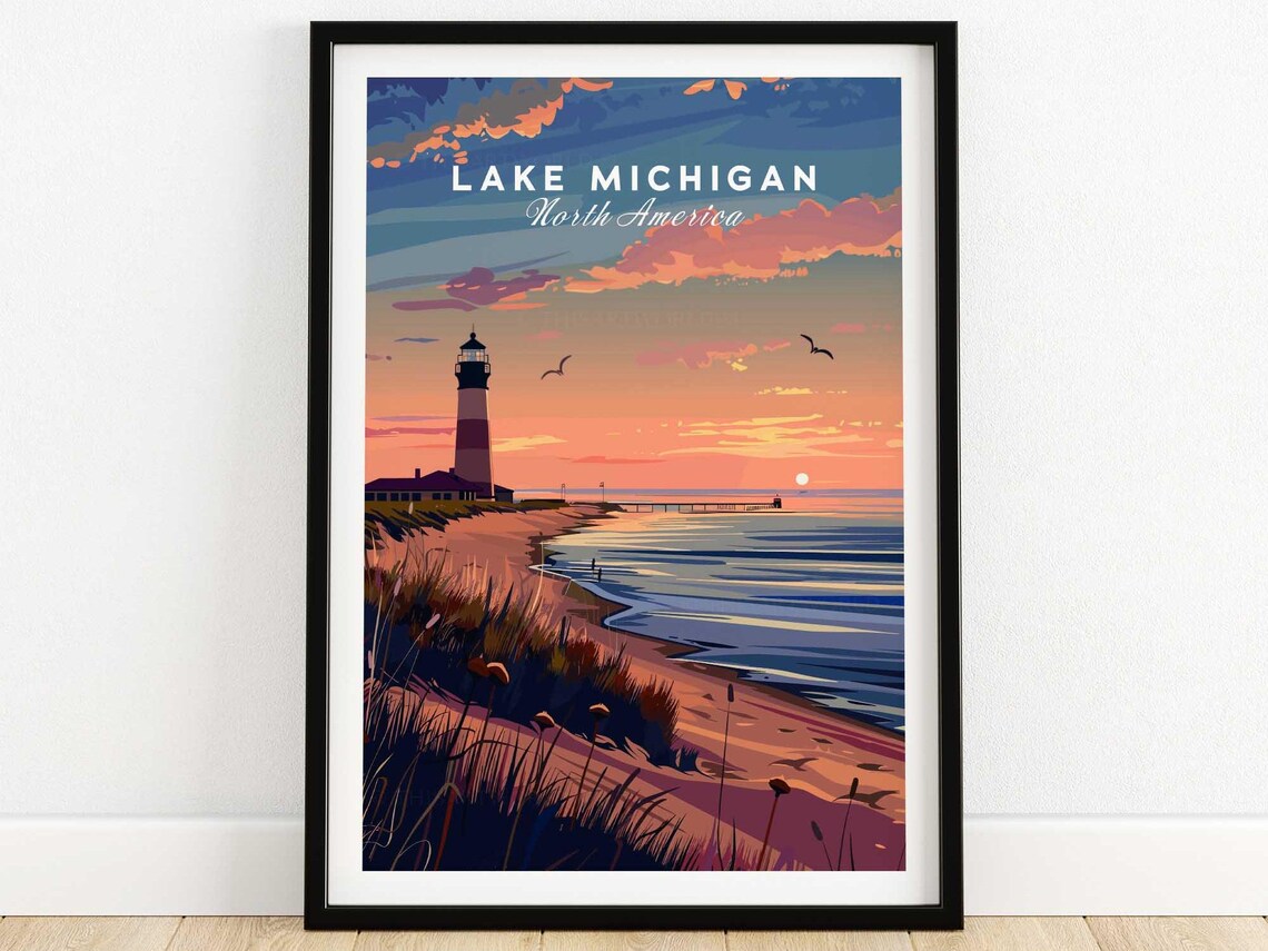 Lake Michigan North America Sunset Lighthouse Pier Birds Poster