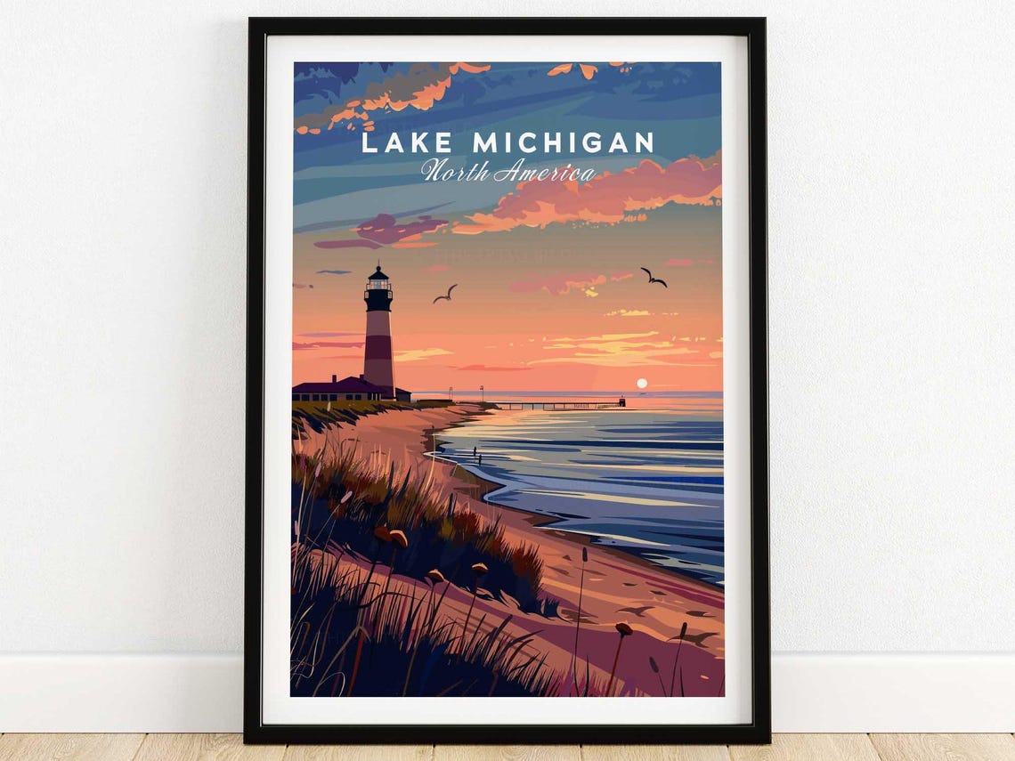 Lake Michigan Travel Poster Great Lakes Travel Print Lake Michigan Wall Art Poster Lake Michigan Gift Home Decor Art Lover Gift Artwork