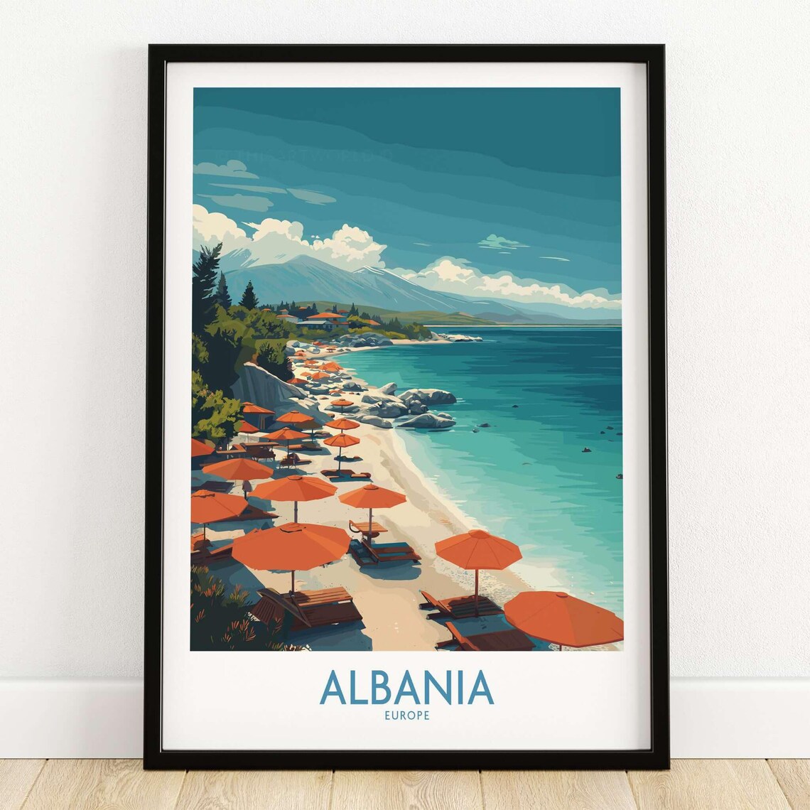 Albania Europe Beach With Orange Umbrellas Turquoise Sea Poster