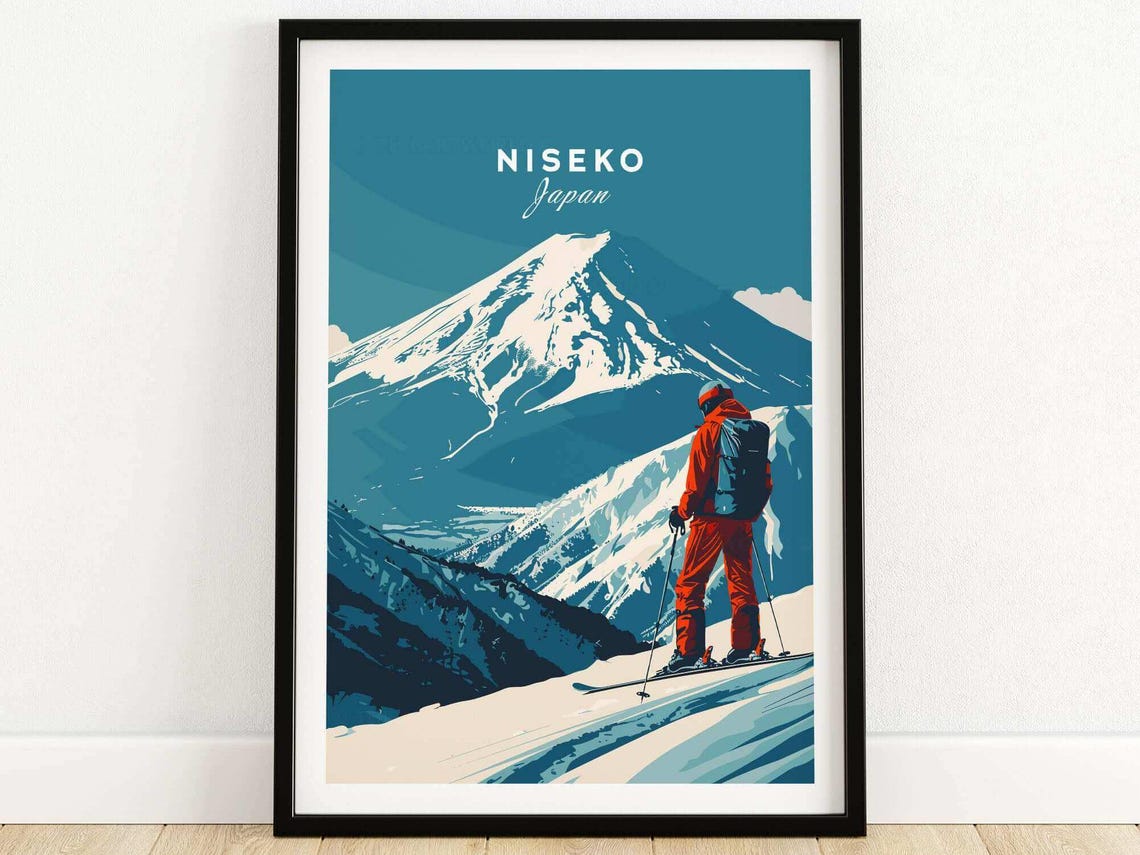 Niseko Japan Minimalist Teal Ski Poster With Backpack Skier Scene