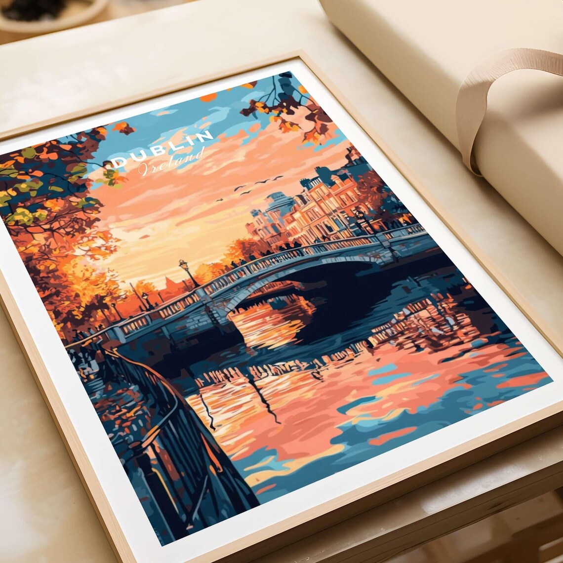 Dublin Ireland Autumn Sunset River Bridge Vintage Travel Poster - Image 3