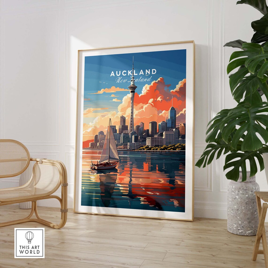Auckland New Zealand Sky Tower Harbor Sailboat Sunset Travel Poster - Image 3