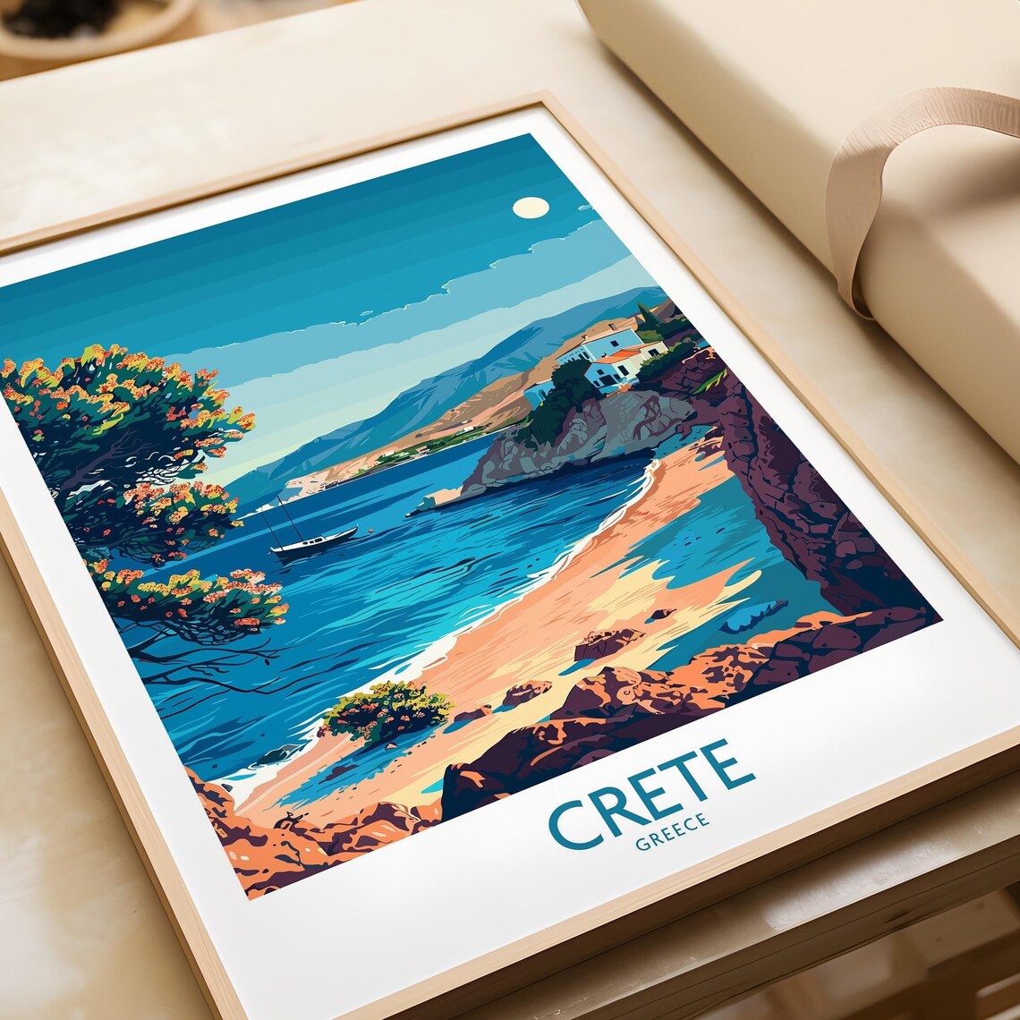 Crete Greece Rocky Shore Beach Moon Sea Landscape Art Poster