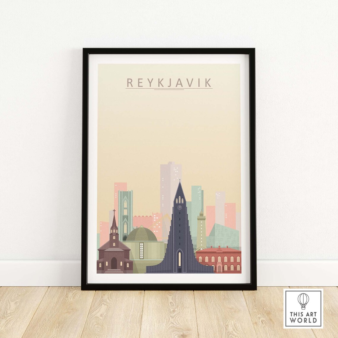 Reykjavik Minimalist Pastel Skyline Church City Travel Poster