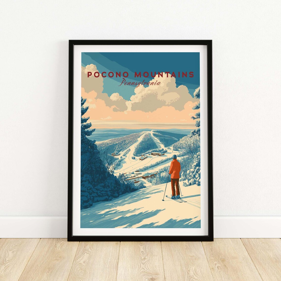 Pocono Mountains Pennsylvania Skier Overlooking Snowy Slopes Travel Poster