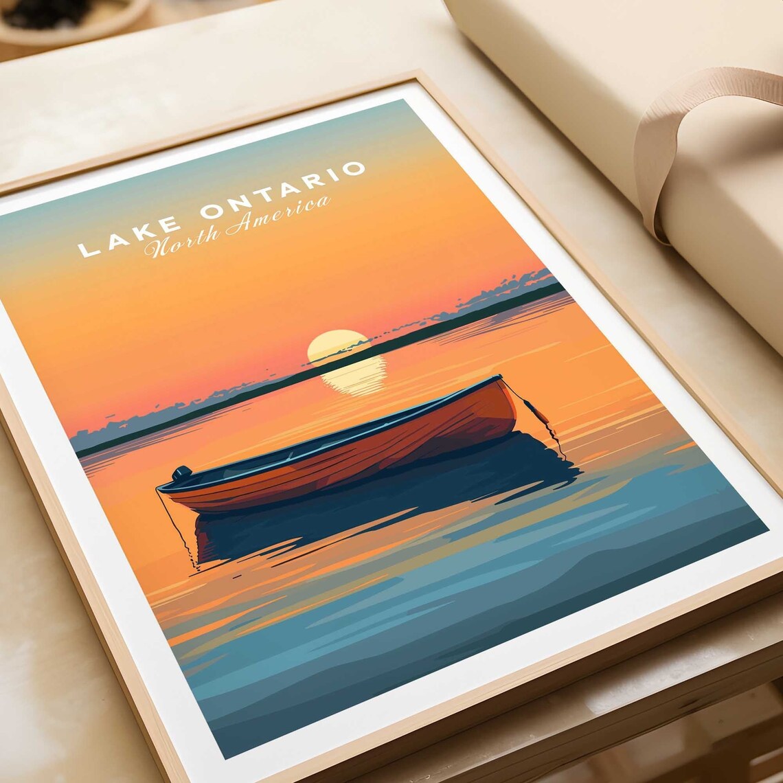 Lake Ontario North America Orange Sunset Canoe Reflection Poster