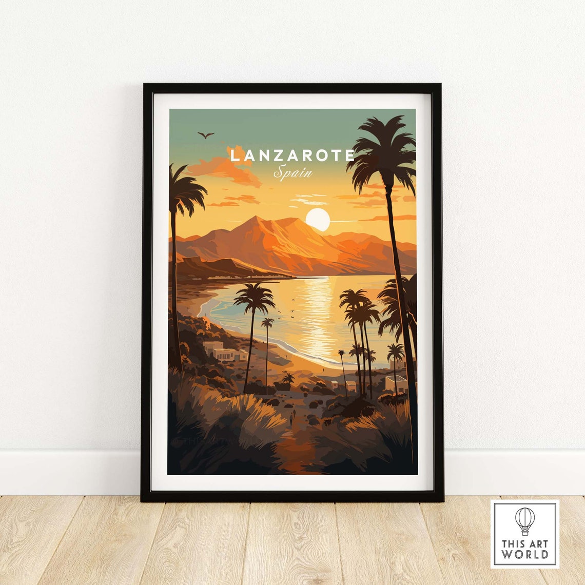 Lanzarote Spain Beach Sunset Palm Trees Island Retro Travel Poster