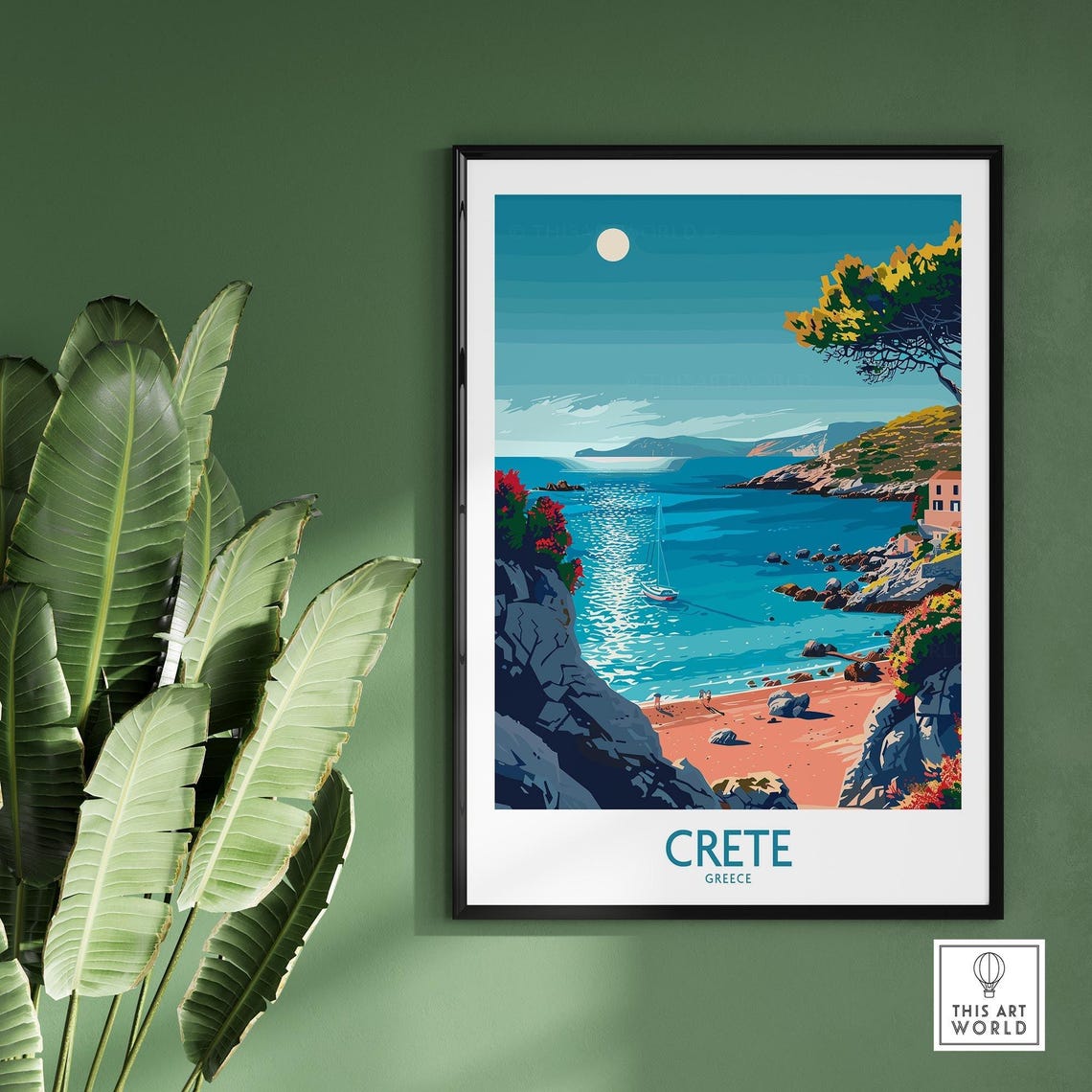 Crete Greece Turquoise Cove Sailboat Rock Beach Moon Art Poster - Image 2