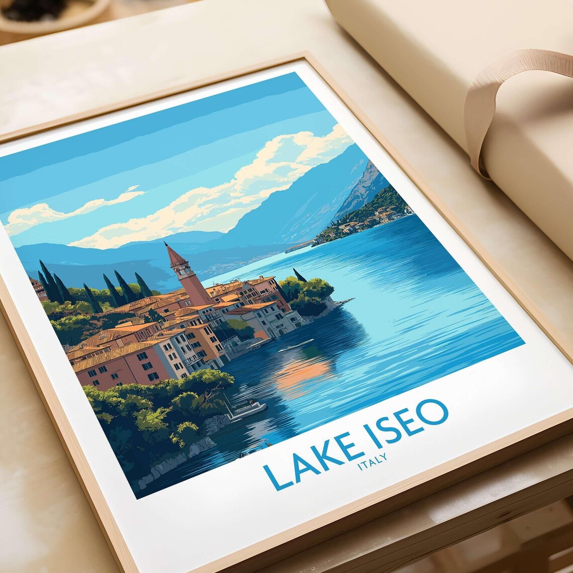 Lake Iseo Italy Daytime Lake View With Bell Tower Travel Poster