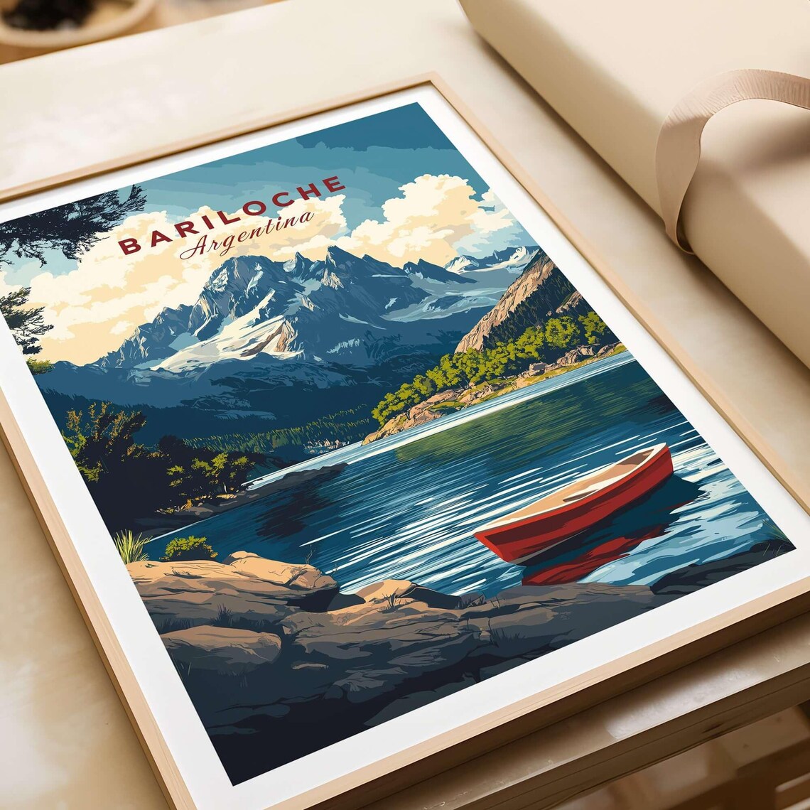 Bariloche Argentina Red Boat Mountain Lake Vintage Travel Poster - Image 4