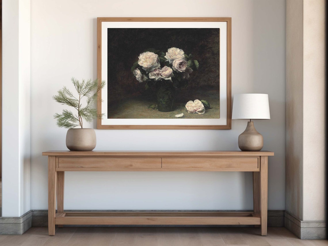 Moody Dark Roses Still Life White Pink Vintage Floral Painting Poster - Image 6
