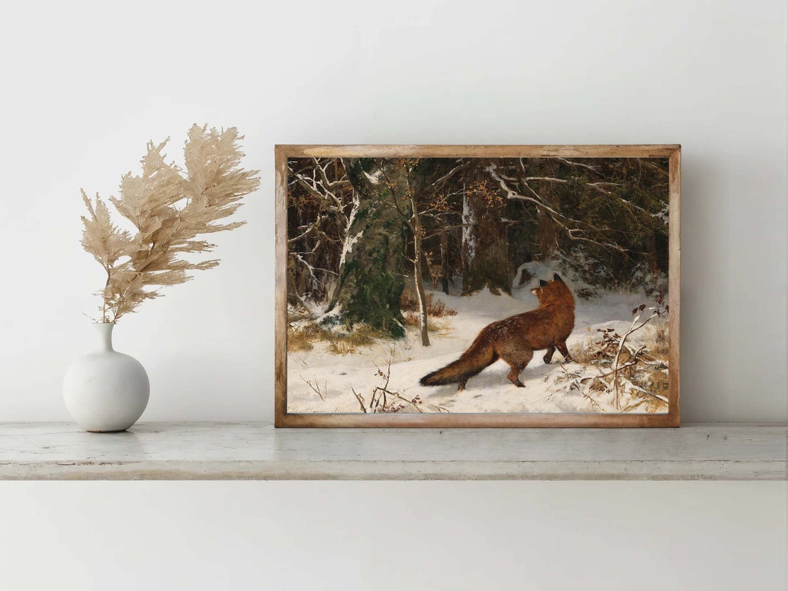 Red Fox Snowy Winter Forest Vintage Wildlife Woodland Painting Poster - Image 7