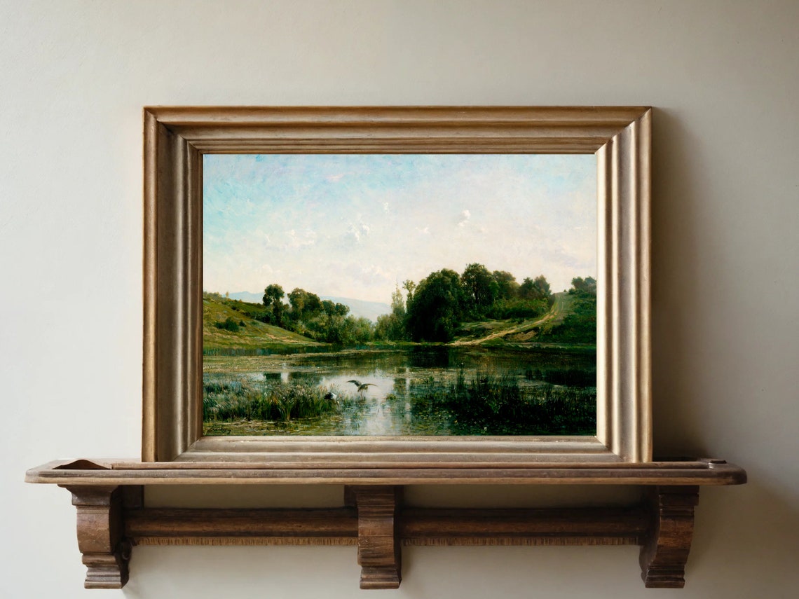 Muted Green Pond Landscape Vintage Countryside Bird Painting Poster