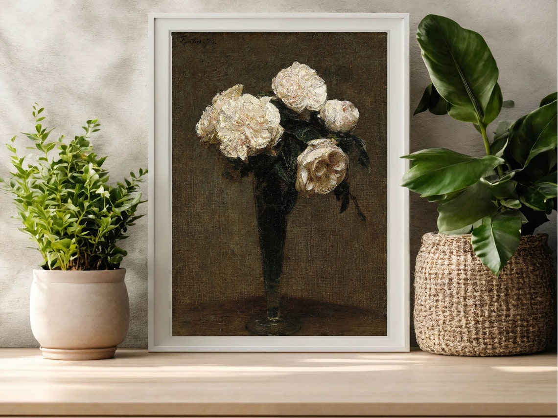 White Roses Tall Glass Vase Dark Background Vintage Floral Poster - Image 5