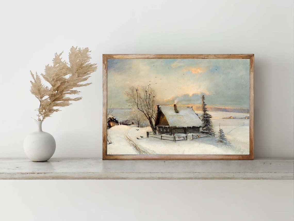 Snow Covered Cottage Winter Landscape Birds at Sunset Poster - Image 3