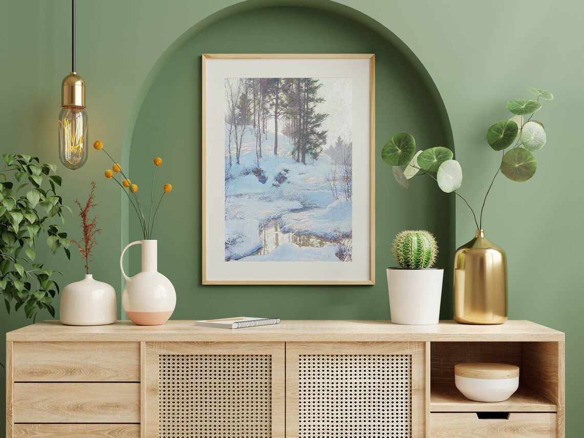 Snowy Pine Forest Stream Winter Landscape Impressionist Painting Poster - Image 7