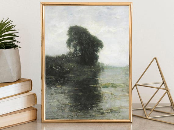 Vintage River Landscape Painting Muted Green Landscape Painting River Painting Green Foliage Vintage River Oil Painting Wall Art