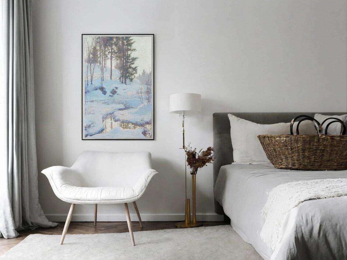 Snowy Pine Forest Stream Winter Landscape Impressionist Painting Poster - Image 6
