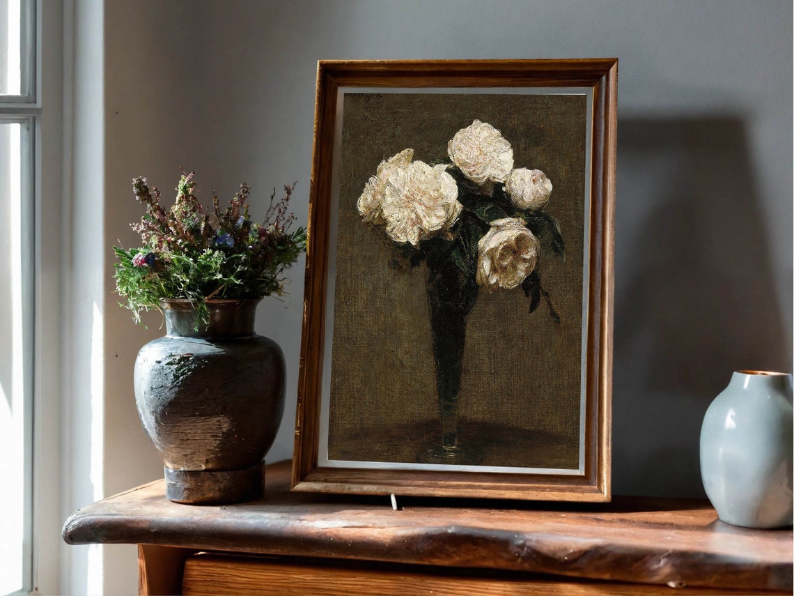 White Roses Tall Glass Vase Dark Background Vintage Floral Poster - Image 7