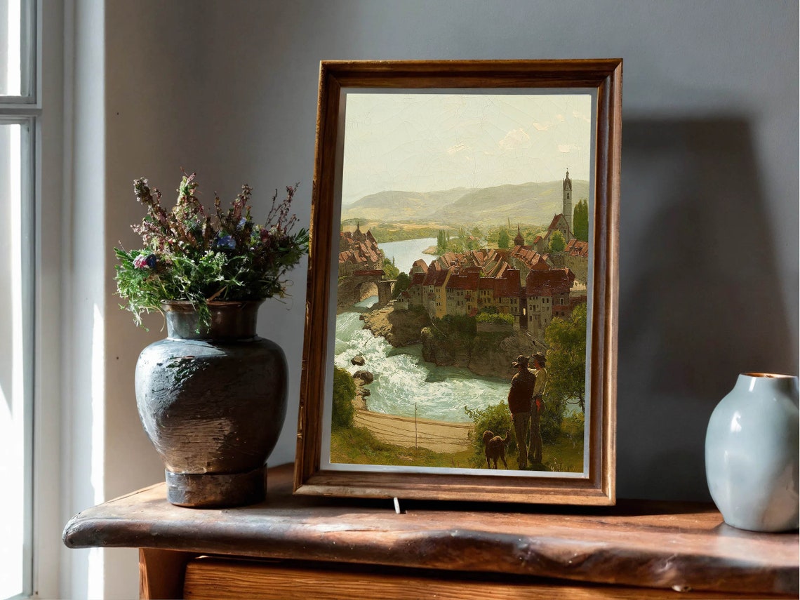 European Riverside Town Red Roofs Two Men Dog Overlook Vintage Poster - Image 5