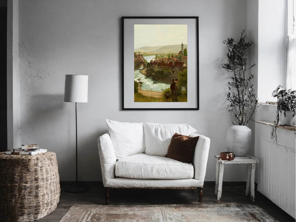European Riverside Town Red Roofs Two Men Dog Overlook Vintage Poster - Image 7