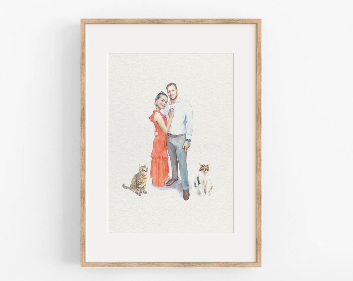 Custom Couple With Two Cats Watercolor Portrait Pet Family Art Poster