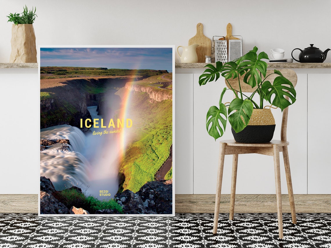 Iceland Gullfoss Waterfall Rainbow Mist Sunset Travel Poster