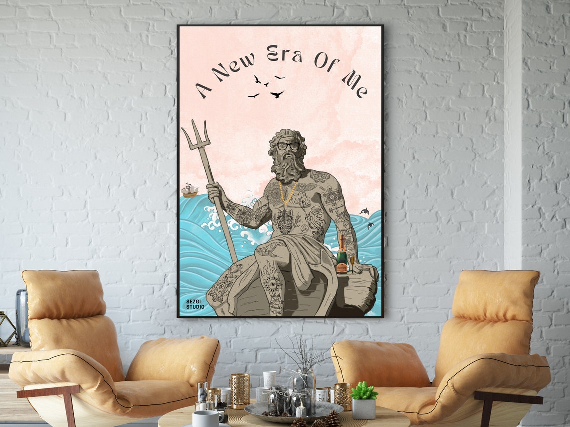 Tattooed Poseidon Statue A New Era of Me Ocean Wave Art Poster