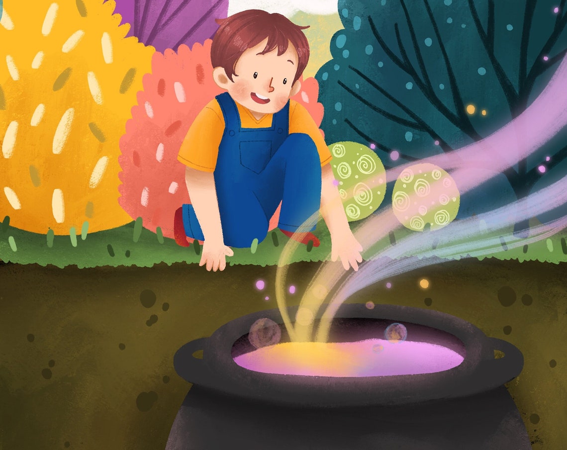 Curious Boy with Magical Potion Cauldron Fantasy Kids Poster