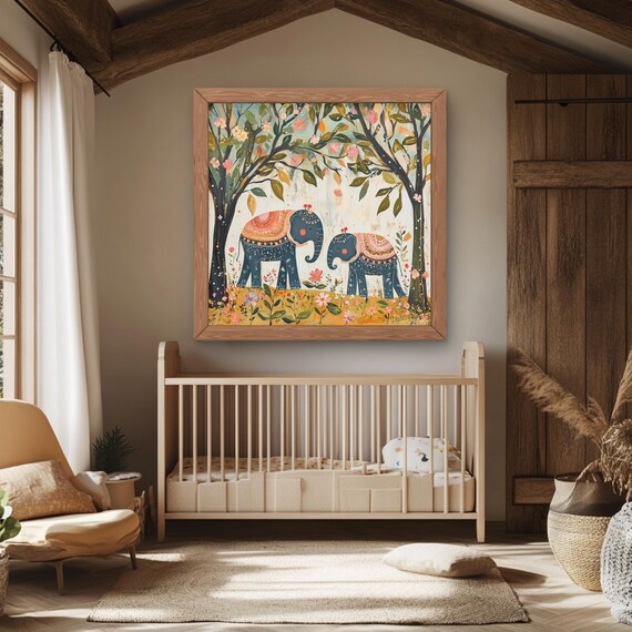 Two Boho Elephants Under Blooming Trees Nursery Kids Room Decor Poster