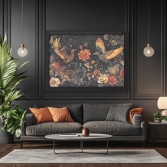 William Morris Inspired Dark Floral And Bird Wall Art Chinoiserie Print Vintage Botanical Decor Moody