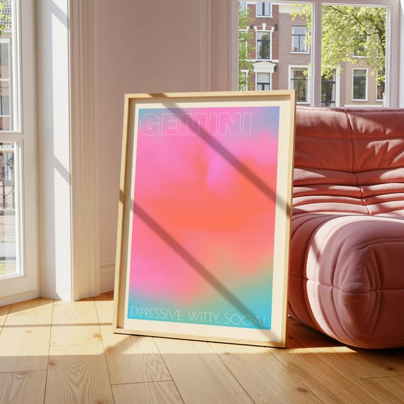 Gemini Zodiac Sign Wall Art Gradient Aura Retro Pastel Print Spiritual Astrology Gift For