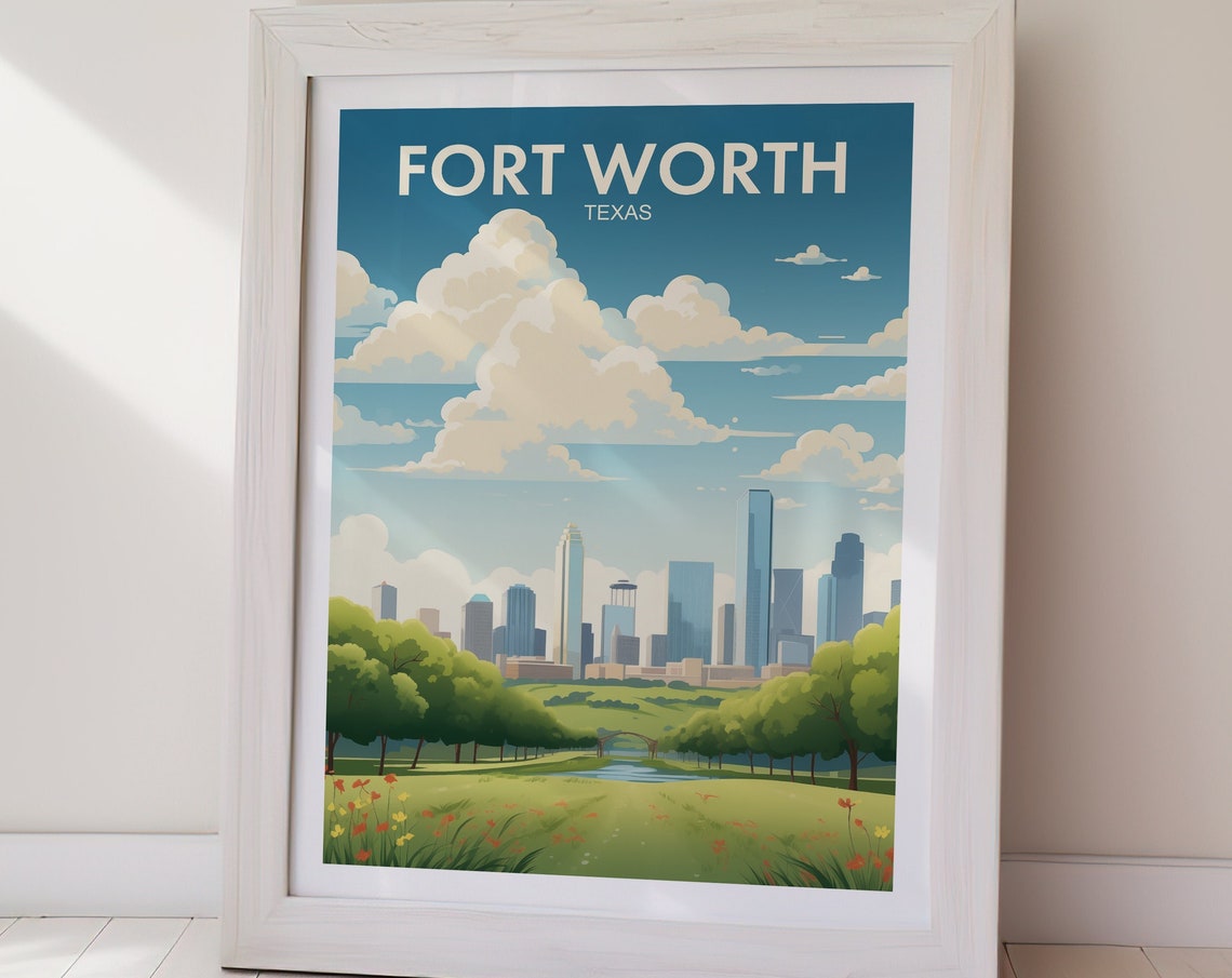 Fort Worth Texas Skyline Meadow Clouds Retro Travel Poster Artwork - Image 2