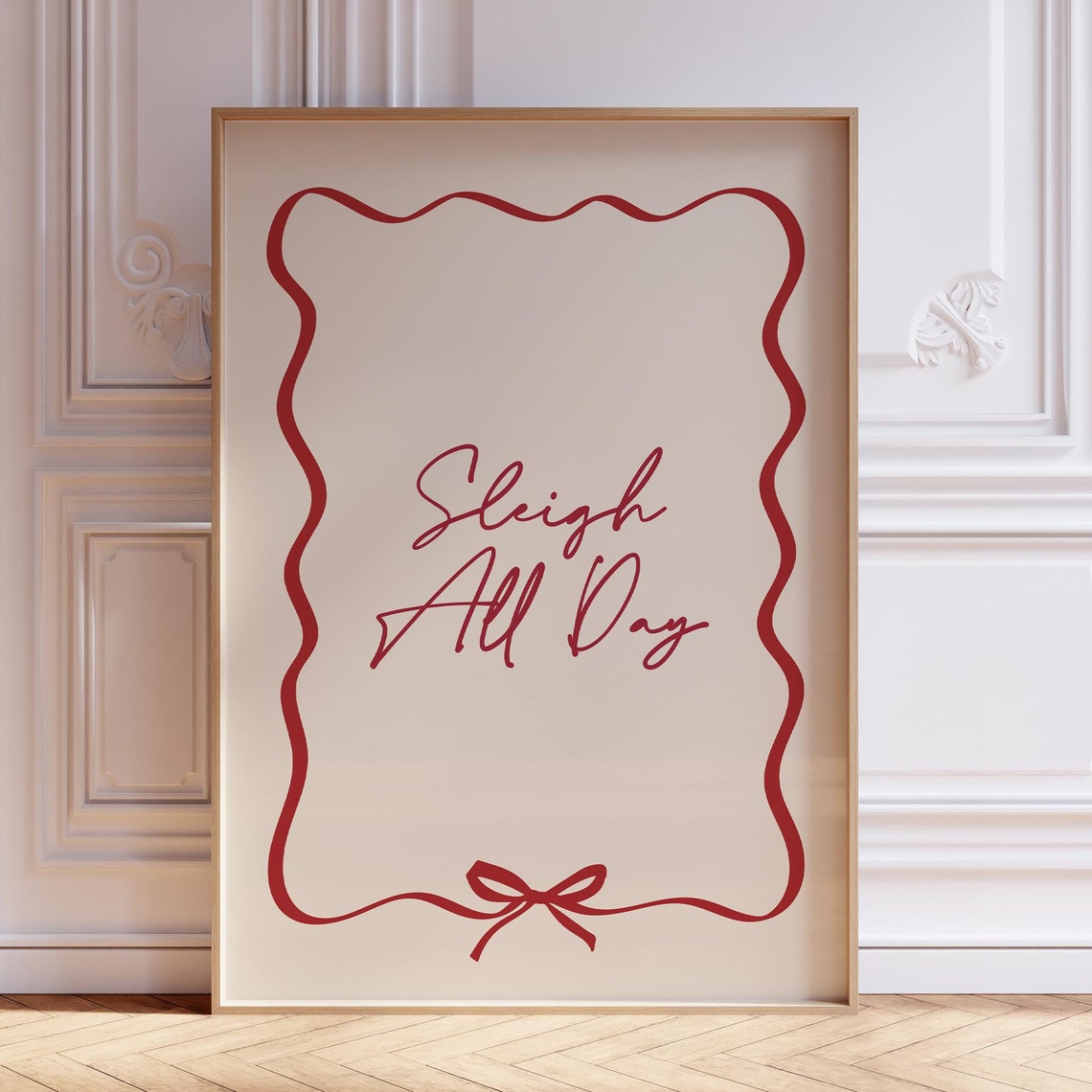 Sleigh All Day Red Script Christmas Wavy Ribbon Border Wall Poster