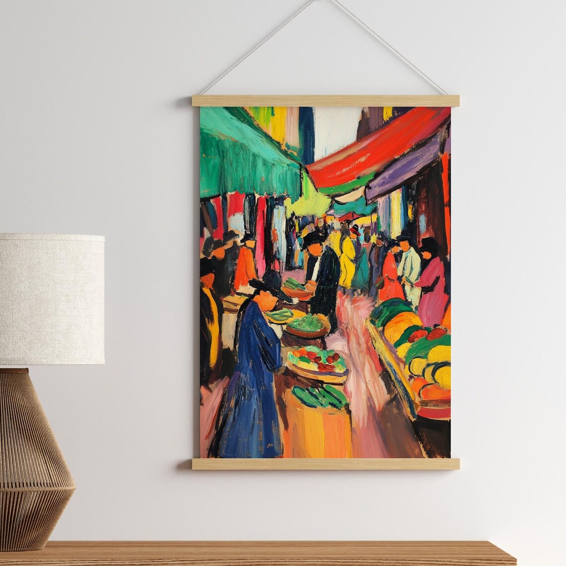 Colorful European Street Market Expressionist Painting Wall Art