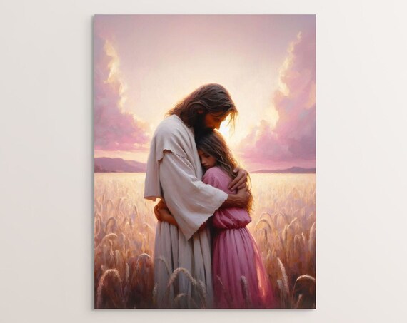Jesus Embracing Little Girl Golden Wheat Field Sunset Christian Poster