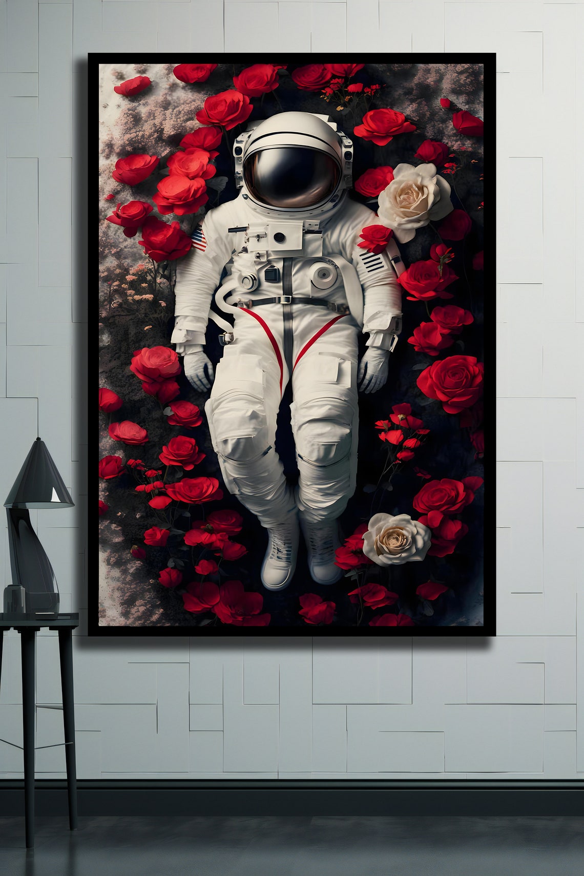 Astronaut Among Red Roses Surreal Space Floral Cosmic Art Poster - Image 2