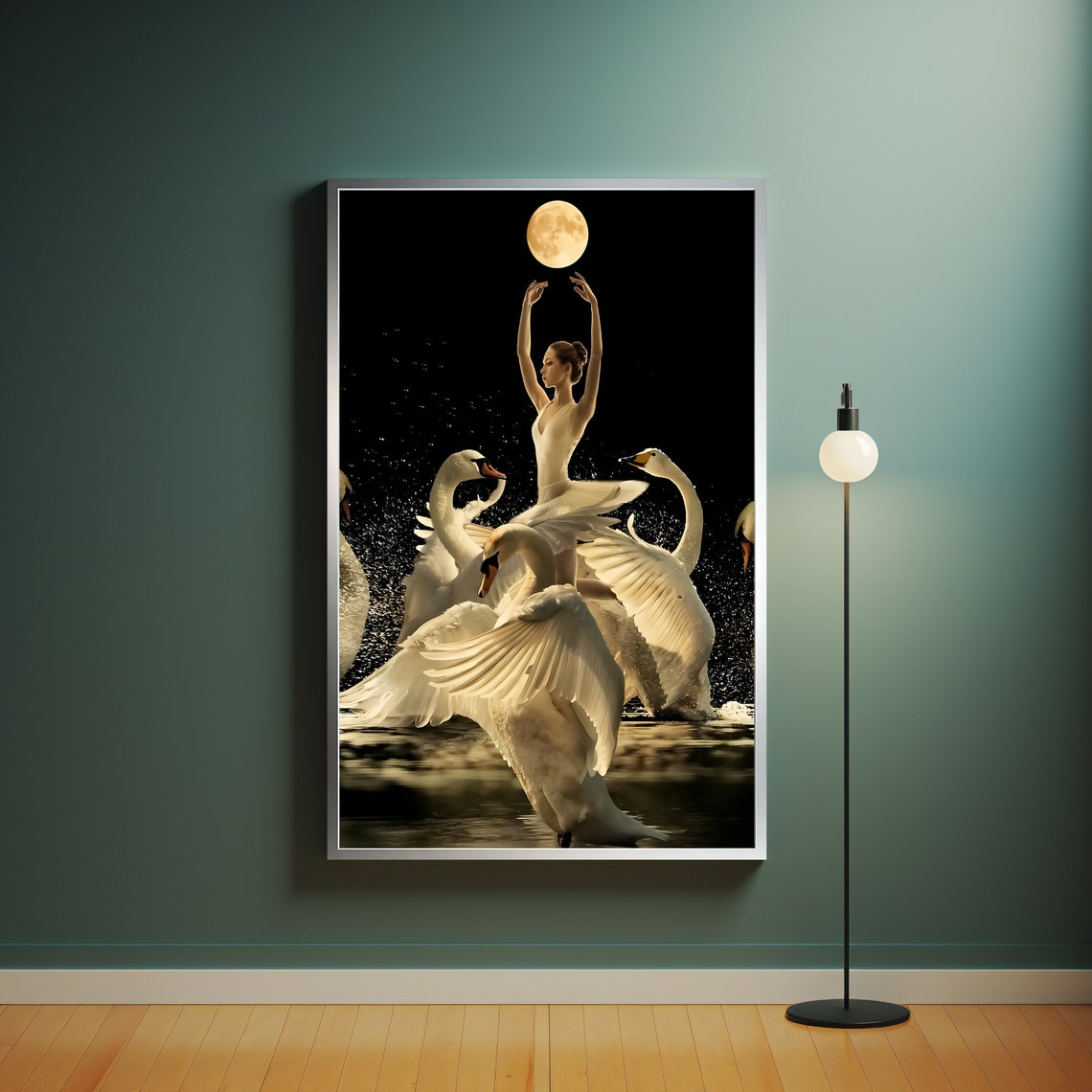 Ballerina Dancing With White Swans Under Full Moon Night Art Poster - Image 4