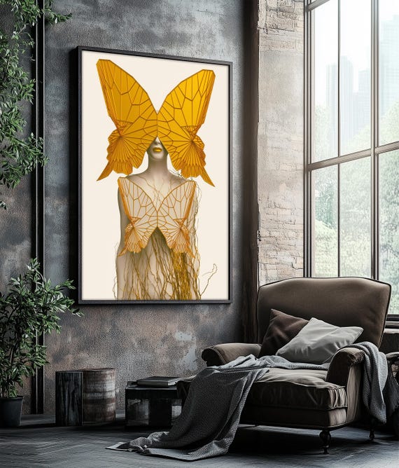 Butterfly Woman Painting Surreal Gold Wings Wall Decor Framed Modern Home Or Office Decor Gift Idea
