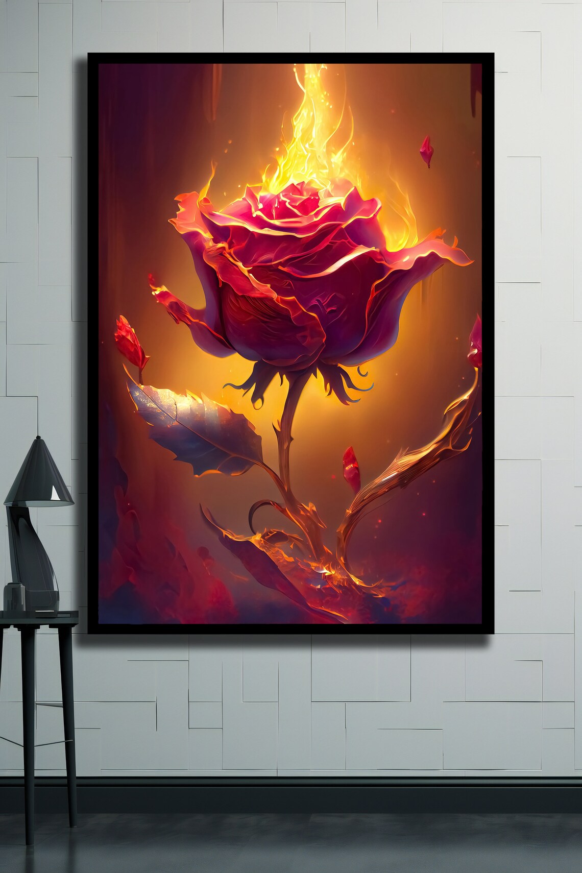 Burning Pink Rose Glowing Fire Flower Dark Romantic Floral Art Poster - Image 2