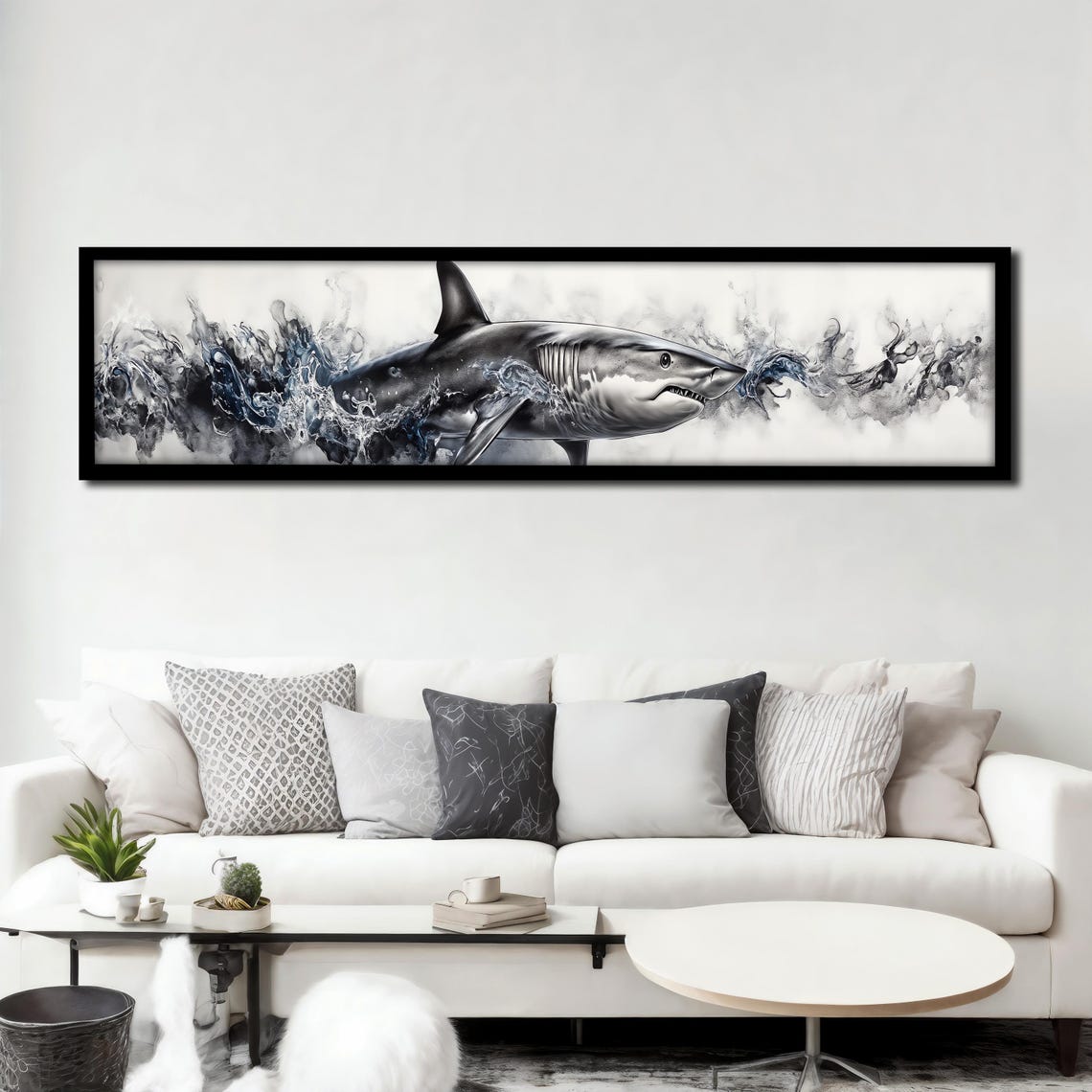 Great White Shark Ink Splash Panoramic Ocean Animal Art Poster - Image 3