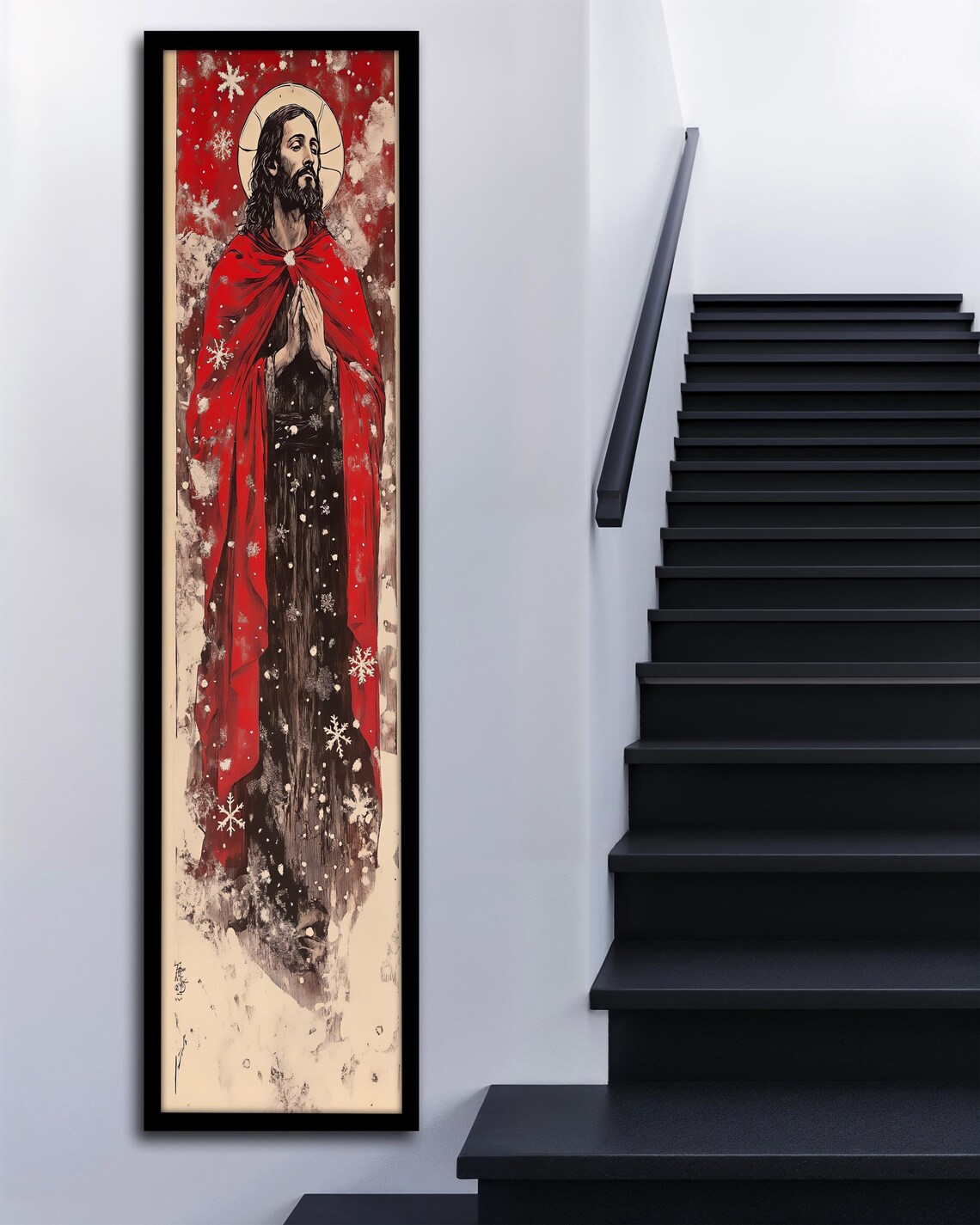 Jesus Praying Red Cloak Snowfall Halo Faith Narrow Christian Wall Poster - Image 3