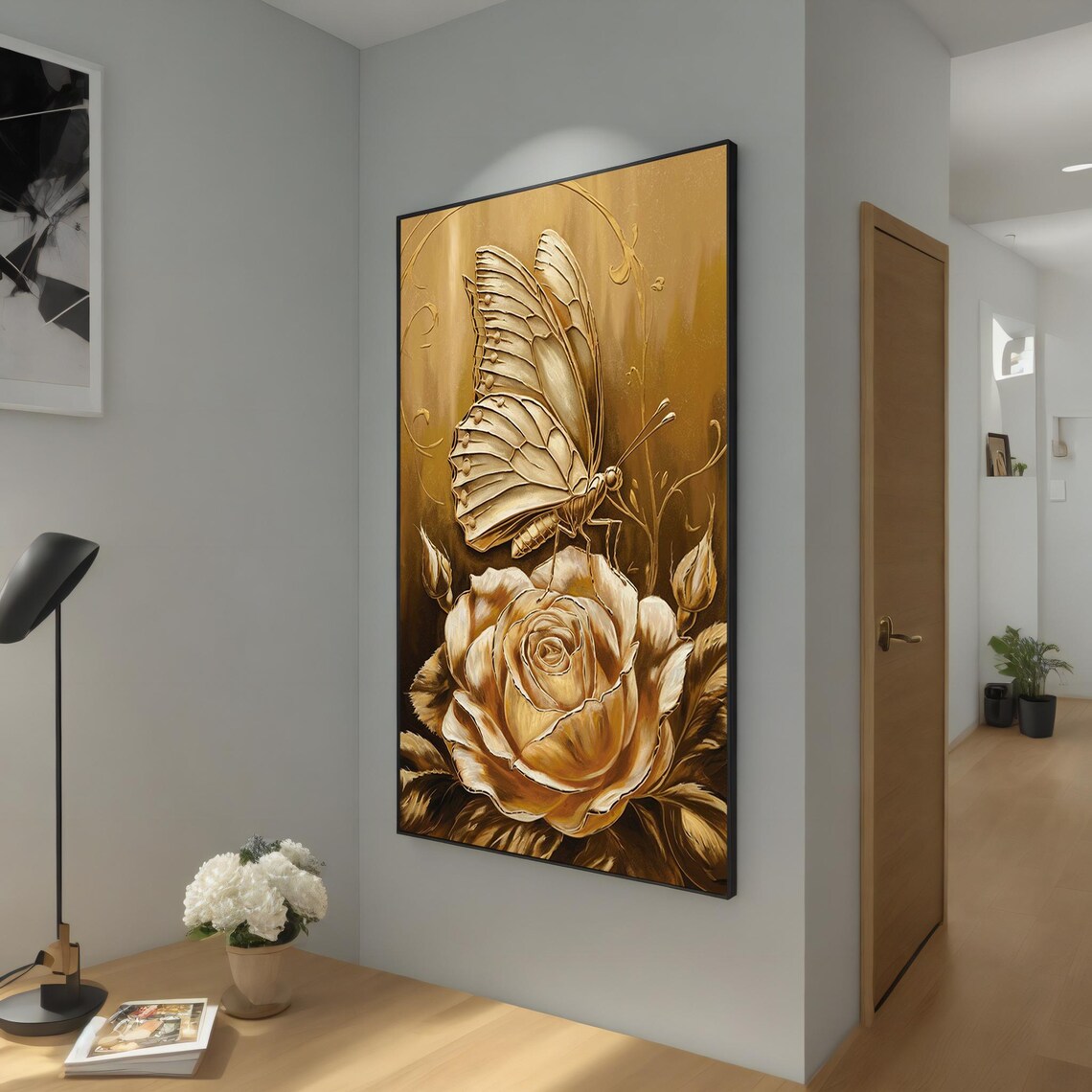 Golden Butterfly on Golden Rose Metallic Luxury Nature Art Poster