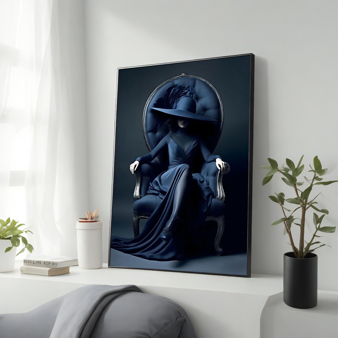 Mysterious Woman Blue Gown Wide Brim Hat Ornate Chair Gothic Glam Wall Poster