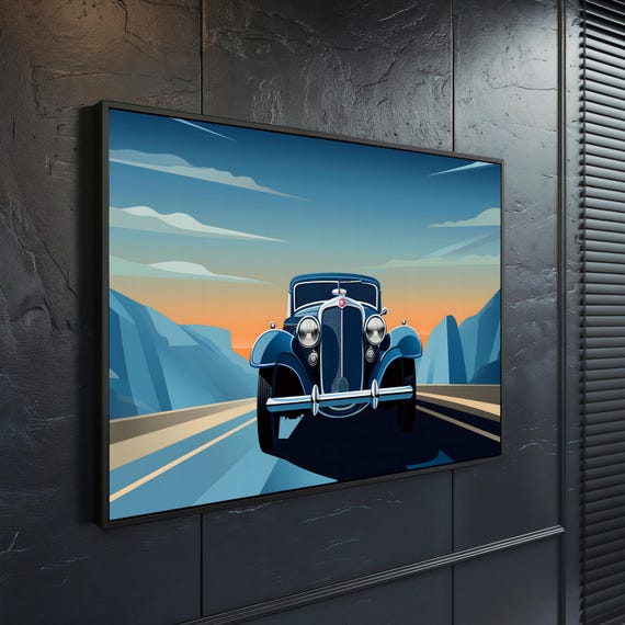 Vintage Classic Car Print Retro Blue Car Illustration Scenic Road Sunset Wall Art Home Decor Ready To Hang Gift Idea