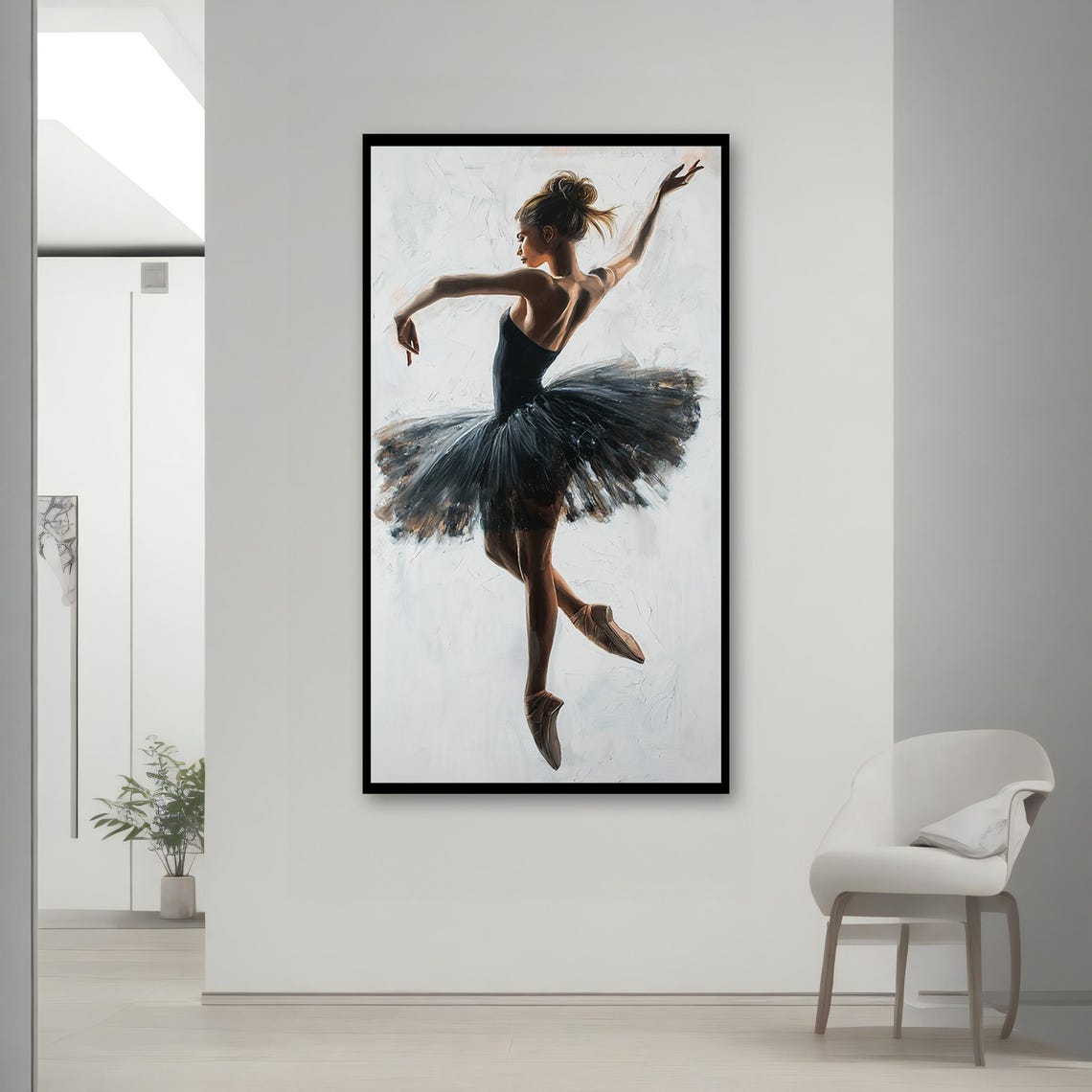 Ballerina in Black Tutu Mid Leap White Background Dance Art Poster - Image 2